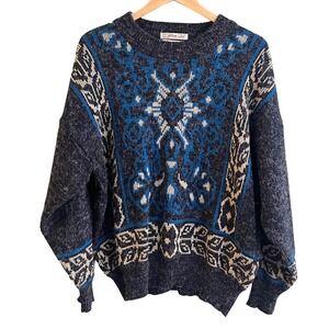 VTG Uniform Code Blue Fair Isle Geometric Crewneck‎ Wooly Sweater Medium Men's